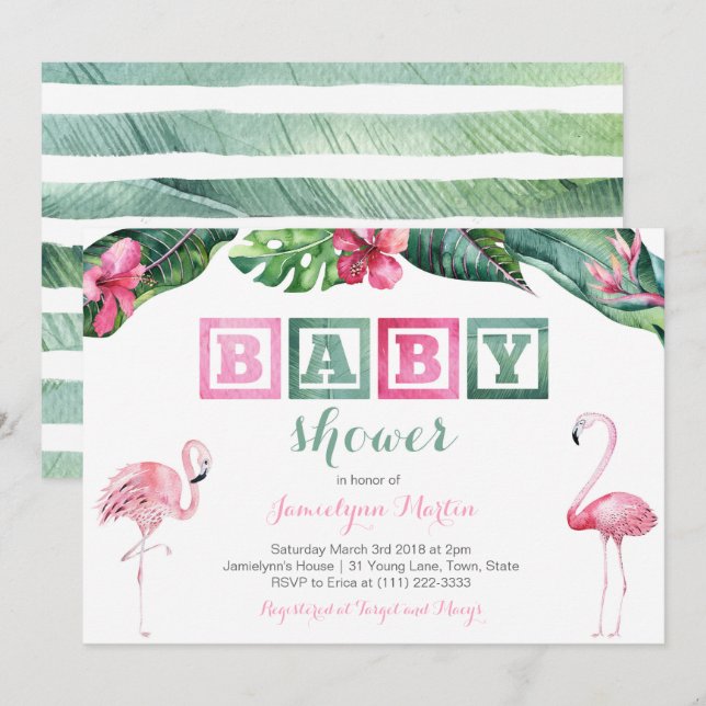 Tropical Flamingo Baby Shower Invites, foliage Invitation (Front/Back)
