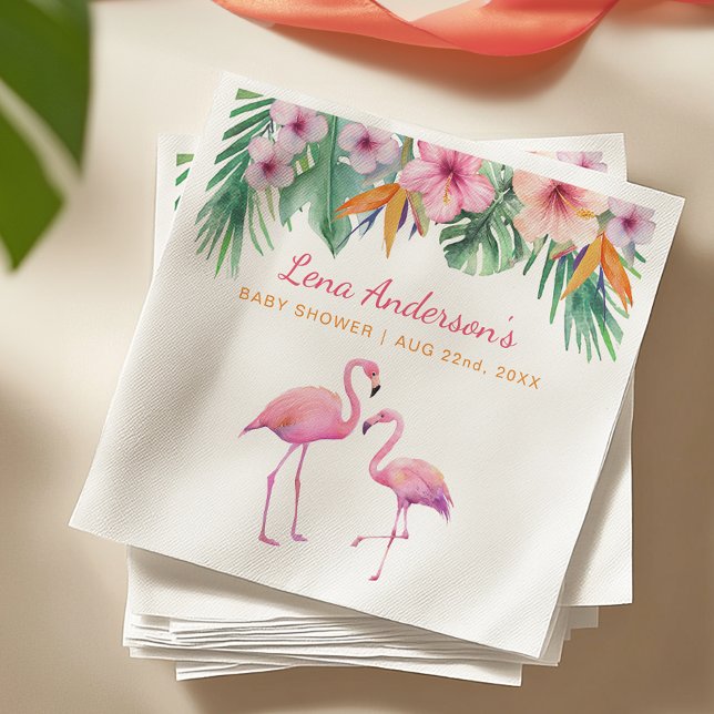 Tropical Flamingo Baby Shower Napkin with Name (Tropical Baby Shower Napkins)