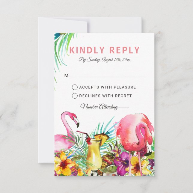 Tropical Flamingo Beach Destination Wedding RSVP Card (Front)
