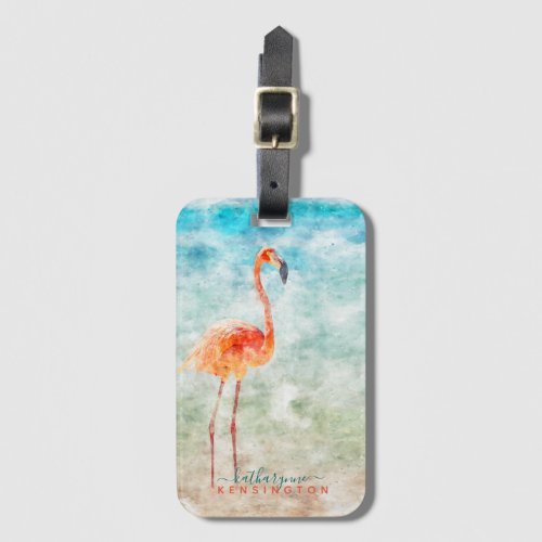 Tropical Flamingo Beach Watercolor Luggage Tag