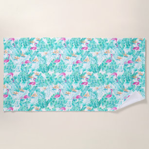 Tropical Flamingo & Bird of Paradise Beach Towel