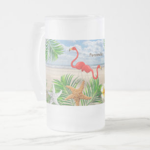 Tropical Flamingo Birds on the Beach Frosted Glass Beer Mug