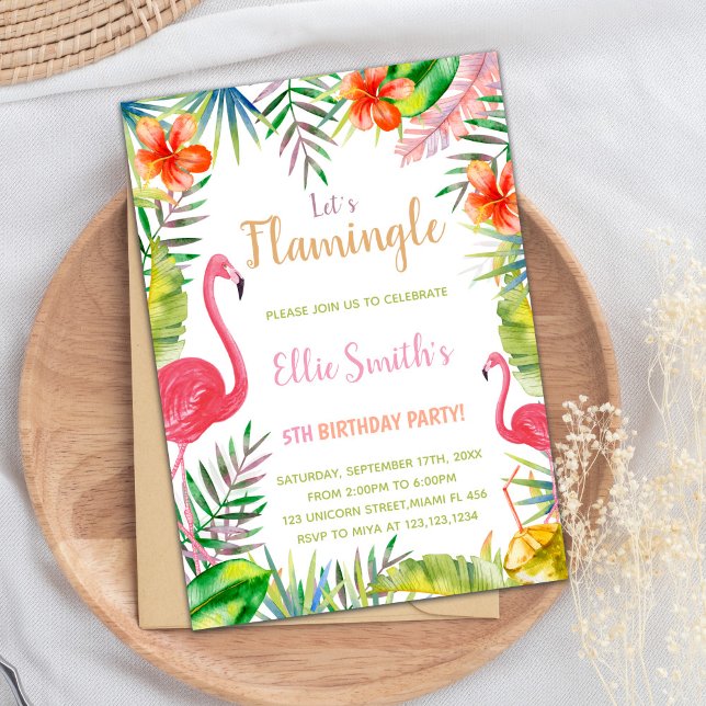 Tropical Flamingo Birthday Invitation (Red Green Flamingo Birthday Invitations)