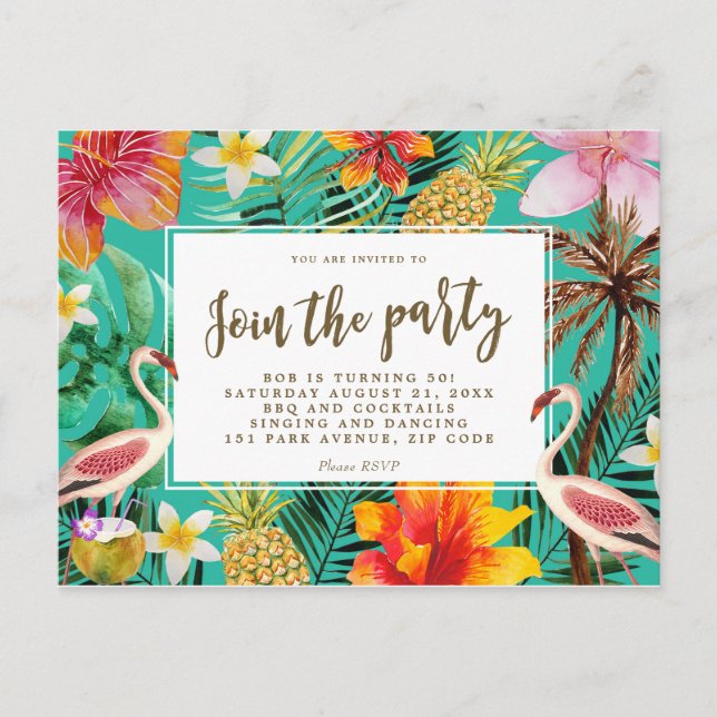 tropical flamingo birthday party invitation (Front)