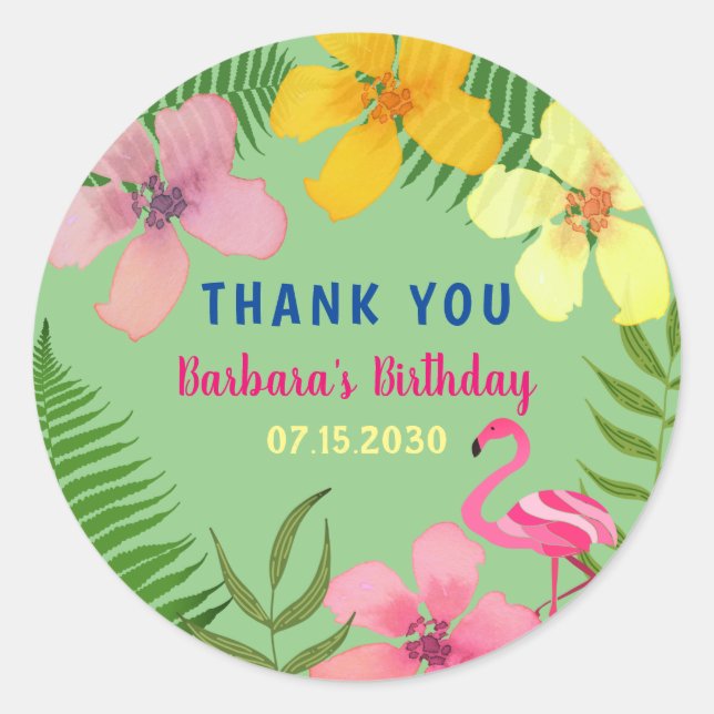 Tropical Flamingo Birthday Thank You Classic Round Sticker (Front)