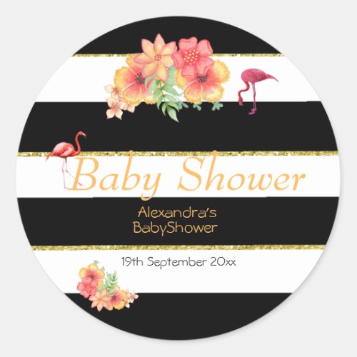 Tropical Flamingo Black Stripe Baby Shower Classic Round Sticker
