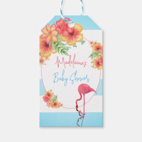 Tropical Flamingo  Blue Stripe Baby Shower Gift Tags