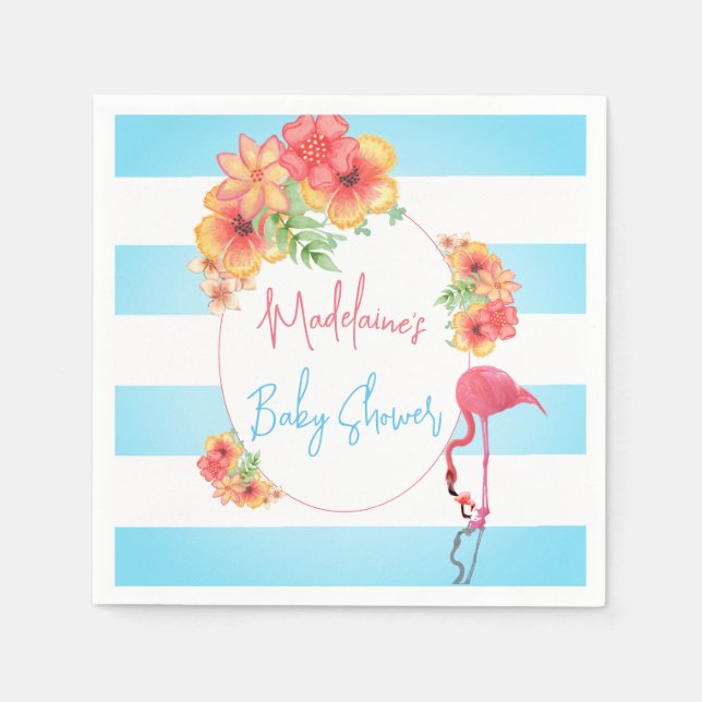 Tropical Flamingo  Blue Stripe Baby Shower Napkins (Front)