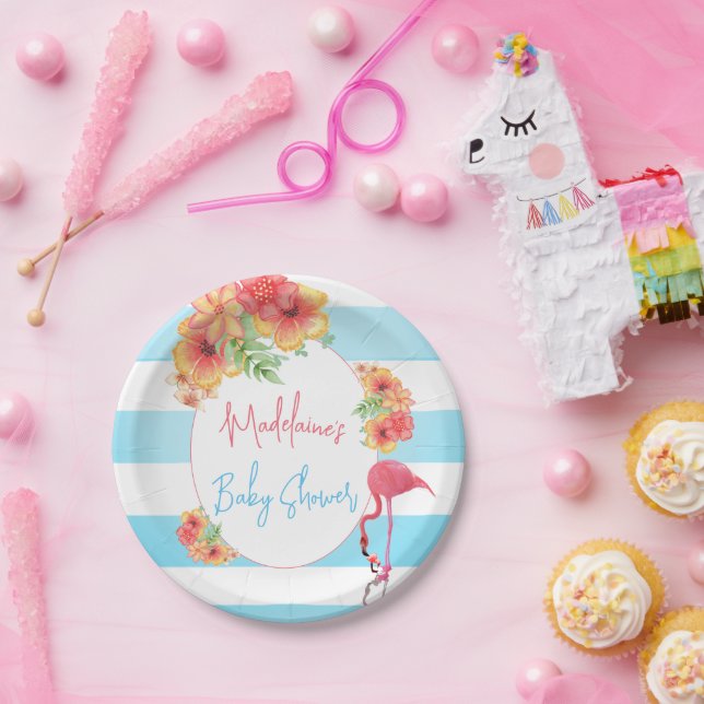 Tropical Flamingo  Blue Stripe Baby Shower Paper Plates (Party)