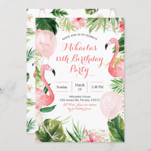 Tropical Flamingo Blush Pink Balloon Birthday Invitation