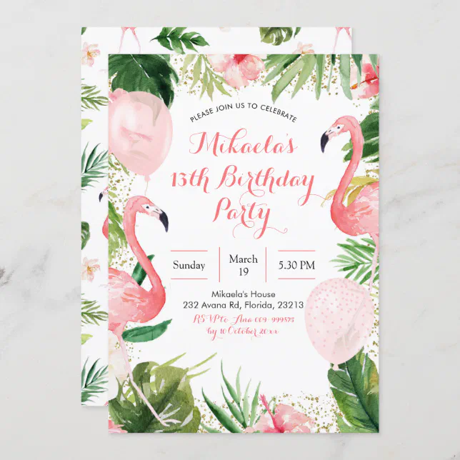 Tropical Flamingo Blush Pink Balloon Birthday Invitation | Zazzle