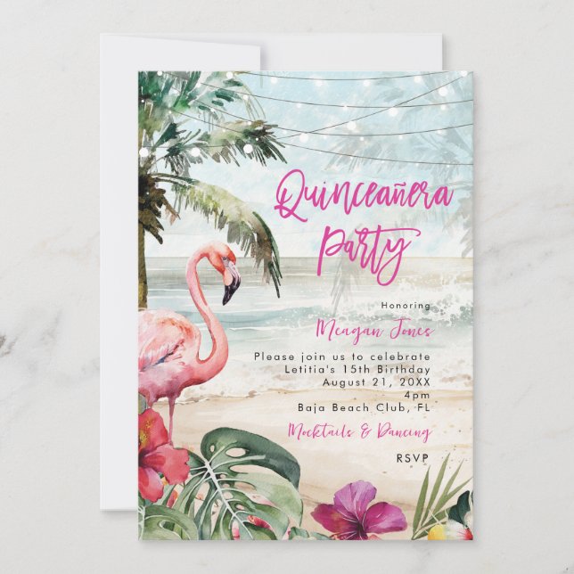 tropical flamingo boho quinceanera party invitation (Front)