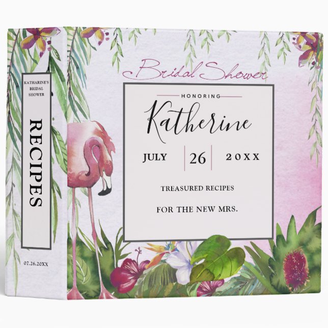 Tropical Flamingo Bridal Shower Recipes 3 Ring Bin Binder (Front/Spine)