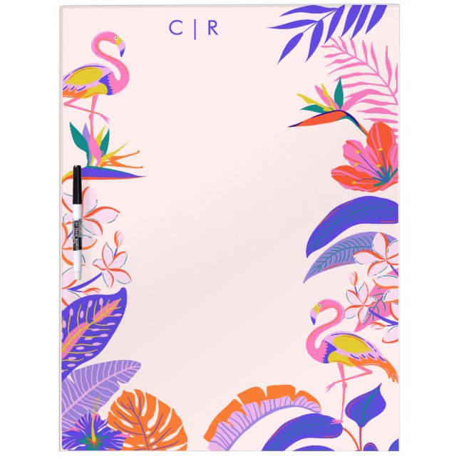 Tropical Flamingo Bright Neon Monogram Blush Pink Dry Erase Board (Front)