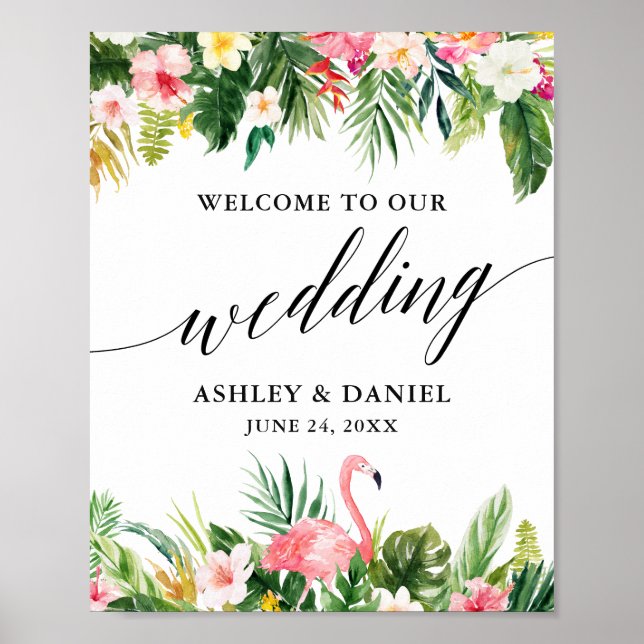 Tropical Flamingo Calligraphy Wedding Welcome Poster (Front)