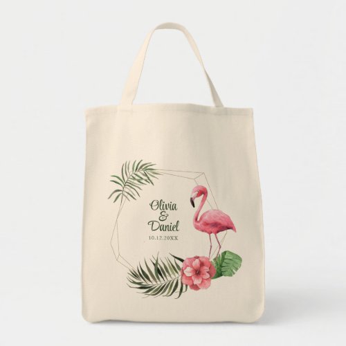 Tropical Flamingo Couple Names Wedding Tote Bag