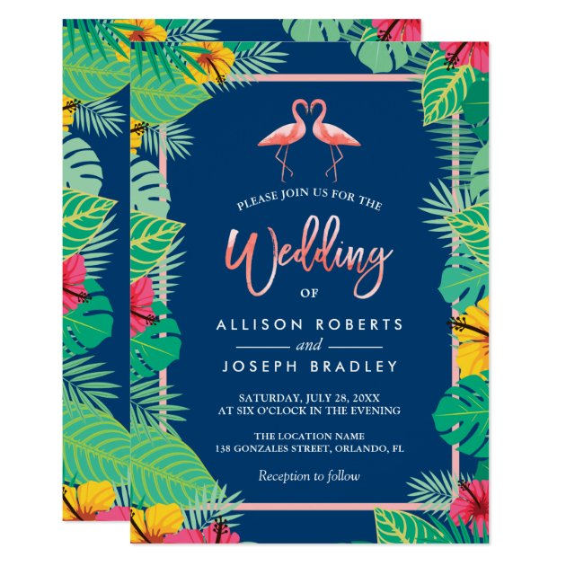 Tropical Flamingo Couples Navy Blue Wedding Invitation