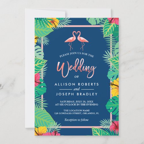 Tropical Flamingo Couples Navy Blue Wedding Invitation