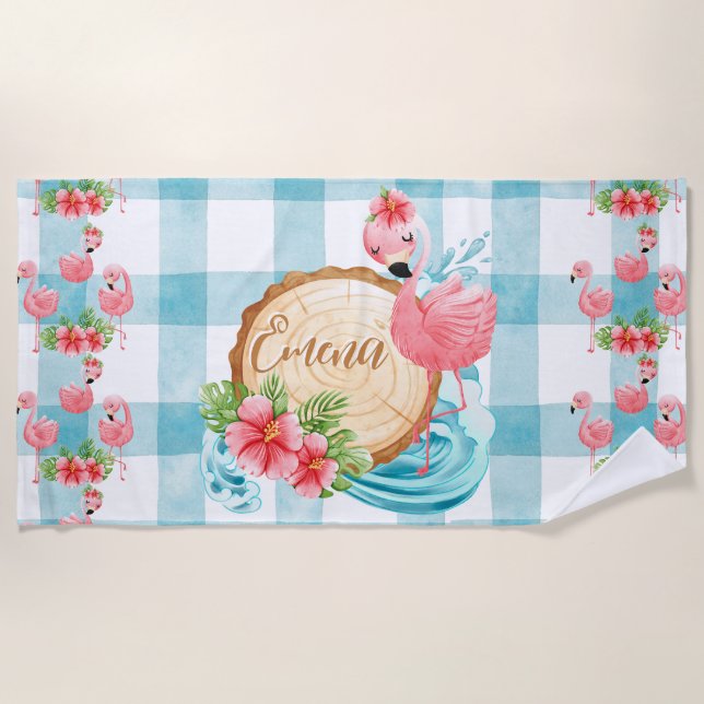 Tropical Flamingo Custom Name Summer Beach Towel (Front)