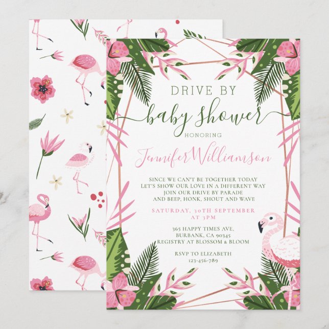 Tropical Flamingo Drive By Baby Shower Invitation (Front/Back)