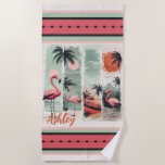 Tropical Flamingo Escape Beach Towel<br><div class="desc">Immerse yourself in a paradise of vibrant flamingos, lush palm trees, and dreamy sunset hues. This bold and elegant design balances soft pastels with striking geometric accents, creating a modern take on tropical beauty. The name is fully customizable, allowing for a personalized touch that makes this piece truly one of...</div>