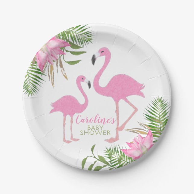 Tropical Flamingo Floral Baby Shower Paper Plates (Front)