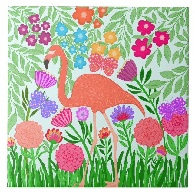 Tropical Flamingo Floral Butterfly Garden Art Ceramic Tile (Front)