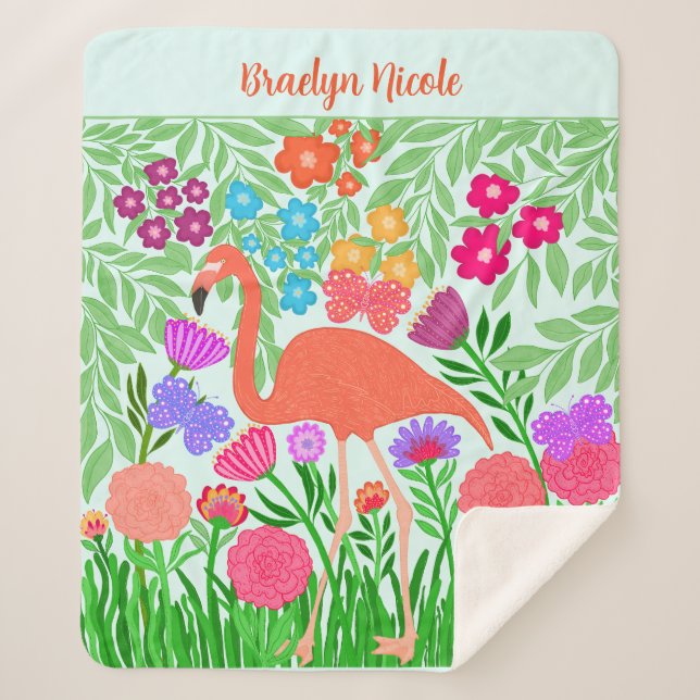 Tropical Flamingo Floral Butterfly Garden Art Sherpa Blanket (Front)