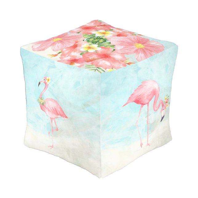 Tropical Flamingo Floral Cube Puff Outdoor Pouf (Angled Front)