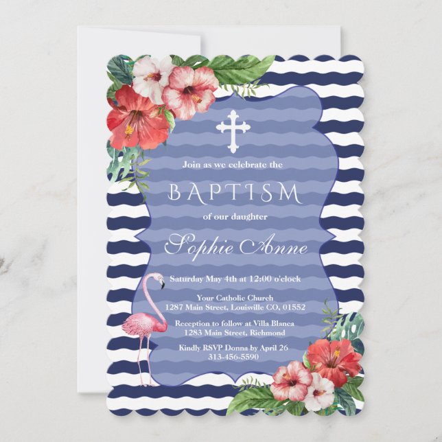 Tropical Flamingo Floral Luau Navy Blue Baptism Invitation (Front)