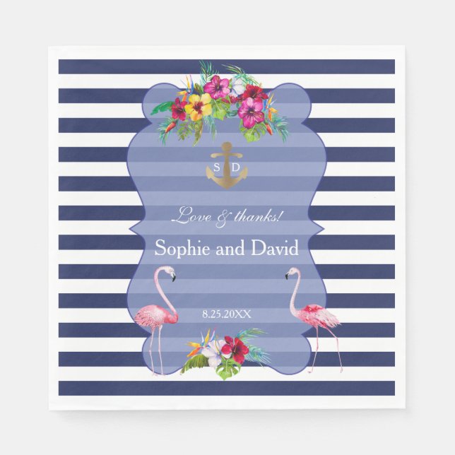 Tropical Flamingo Floral Luau Navy Stripes Wedding Napkins (Front)