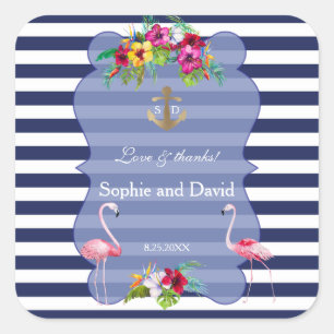 Tropical Flamingo Floral Luau Navy Stripes Wedding Square Sticker