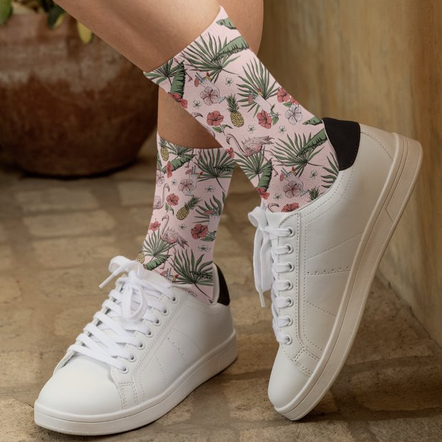 Tropical Flamingo Floral Pattern Pink Socks (Pretty Hawaiian Style Tropical Flamingo Floral Pattern Pink Socks, Hand-Drawn in Black Ink. )