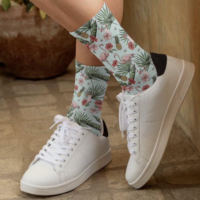 Tropical Flamingo Floral Pattern Turquoise Blue Socks (Pretty Hawaiian Style Tropical Flamingo Floral Pattern Turquoise Socks, Hand-Drawn in Black Ink. )