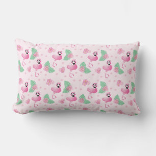 Tropical Flamingo Flowers Leaf Pattern Light Pink Lumbar Pillow