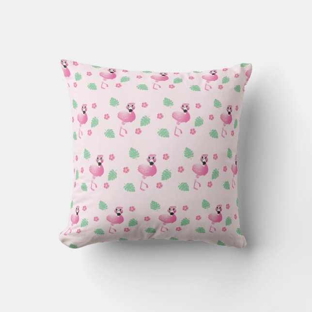 Tropical Flamingo Flowers Pattern Pink Throw Pillow (Front)