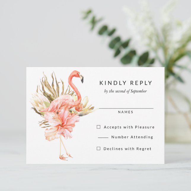 Tropical Flamingo Flowers Wedding RSVP Reply (Standing Front)