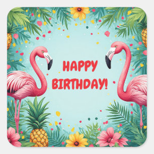 🌺 Tropical Flamingo Frame With Pineapple And Hibi Square Sticker