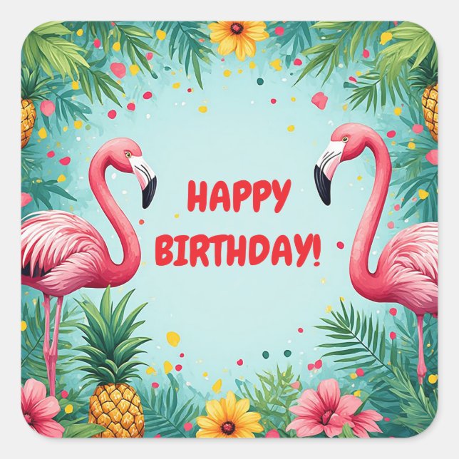 🌺 Tropical Flamingo Frame With Pineapple And Hibi Square Sticker (Front)