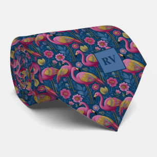 Tropical Flamingo Garden on Navy Blue Neck Tie