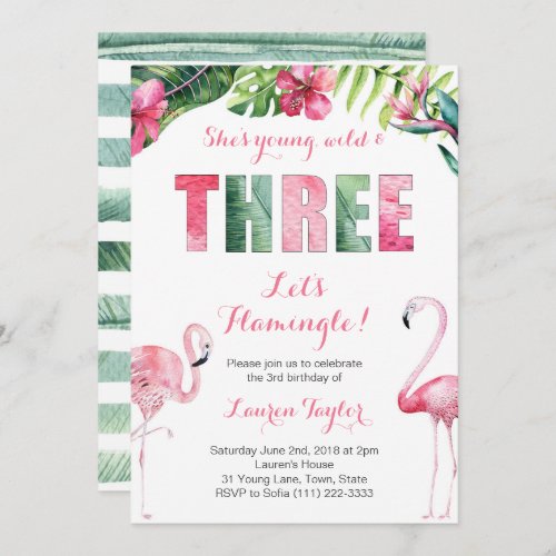 Tropical Flamingo Girl 3rd Birthday Party Invitation