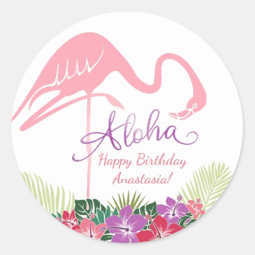 Tropical Flamingo Girl Luau Birthday Classic Round Sticker
