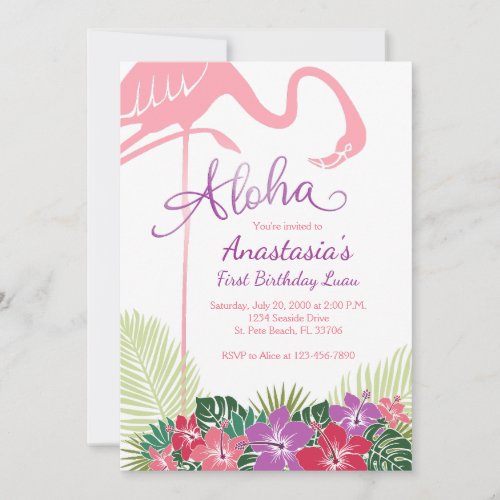 Tropical Flamingo Girl Luau Invitation