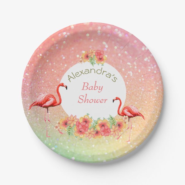 Tropical Flamingo Glitter Floral Baby Shower Paper Plates (Front)