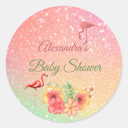 Tropical Flamingo  Glitter Pink Baby Shower Classic Round Sticker