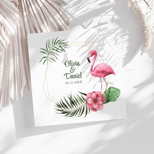 Tropical Flamingo Golden Frame Wedding  Paper Dinner Napkins (Tropical Flamingo Golden Frame Wedding Paper Dinner Napkins on a sunny white table.)