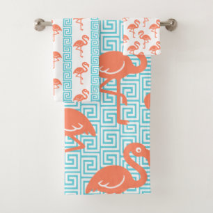 Tropical Flamingo - Greek Key Coral & Turquoise Bath Towel Set