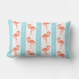 Tropical Flamingo - Greek Key Coral & Turquoise Lumbar Pillow