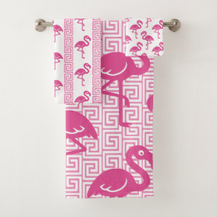 Tropical Flamingo - Greek Key Hot Pink & Pink Bath Towel Set
