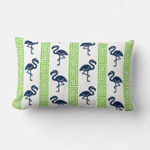 Tropical Flamingo - Greek Key Navy & Lime Lumbar Pillow